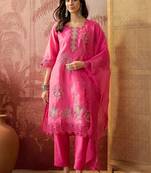 pink green thread embroidered silk blend stitched straight trouser salwar suit set