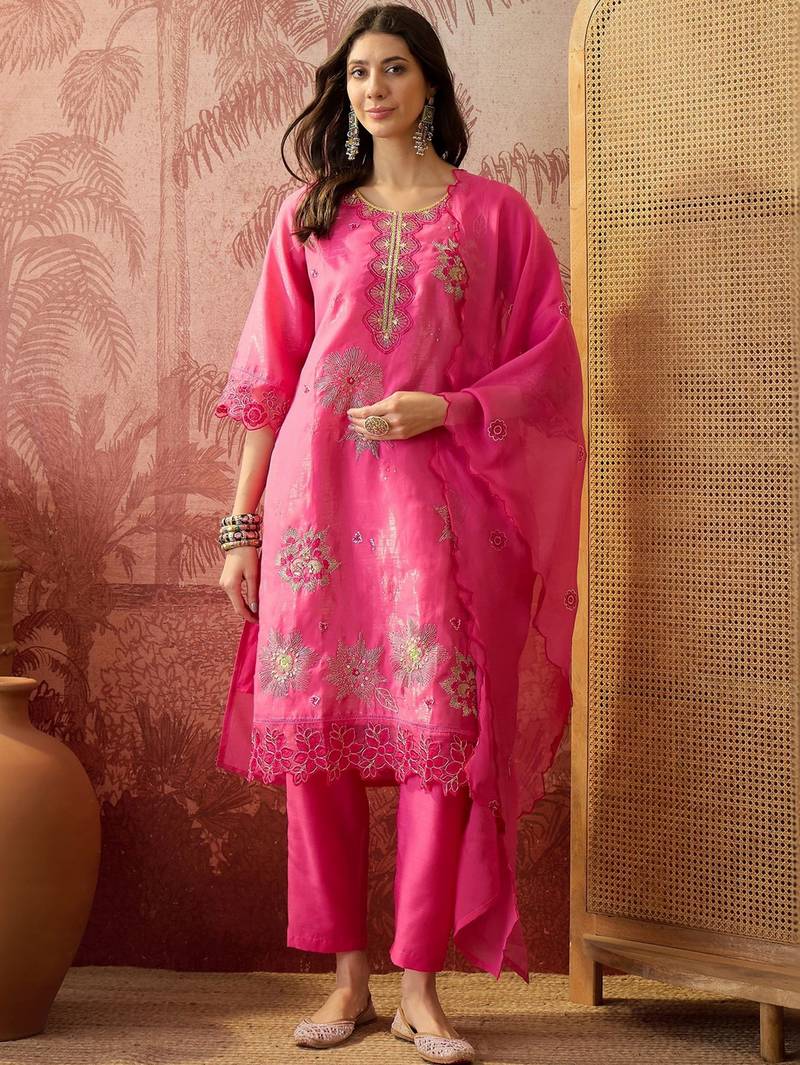 pink green thread embroidered silk blend stitched straight trouser salwar suit set