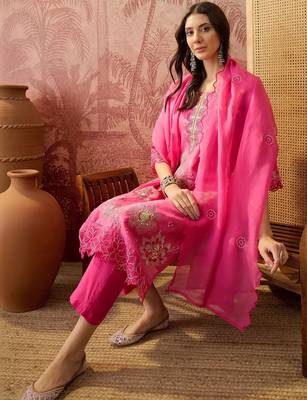 pink green thread embroidered silk blend stitched straight trouser salwar suit set 2