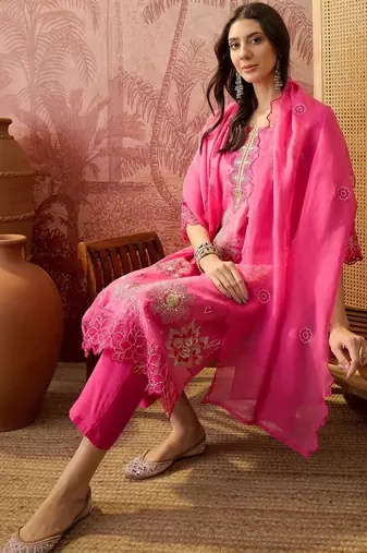 pink green thread embroidered silk blend stitched straight trouser salwar suit set