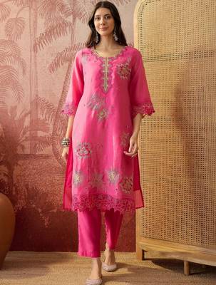 pink green thread embroidered silk blend stitched straight trouser salwar suit set 3
