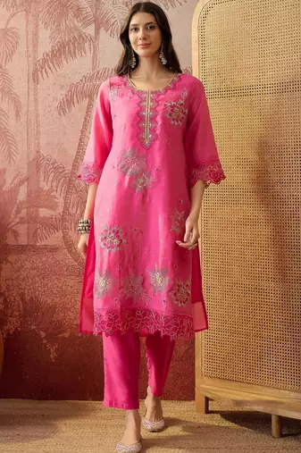pink green thread embroidered silk blend stitched straight trouser salwar suit set
