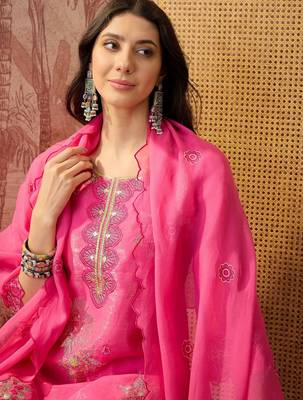 pink green thread embroidered silk blend stitched straight trouser salwar suit set 4