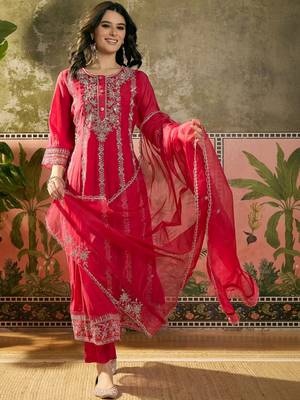 red zari embroidered silk blend stitched straight trouser salwar suit set 1