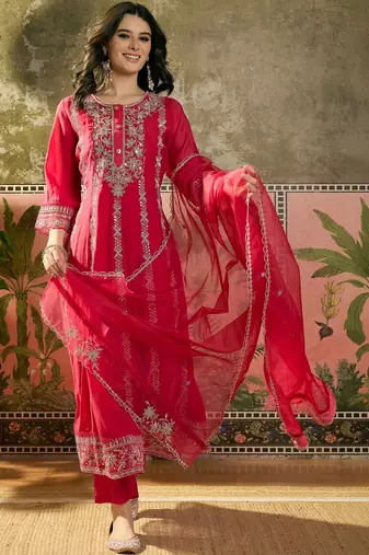 red zari embroidered silk blend stitched straight trouser salwar suit set