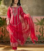 red zari embroidered silk blend stitched straight trouser salwar suit set