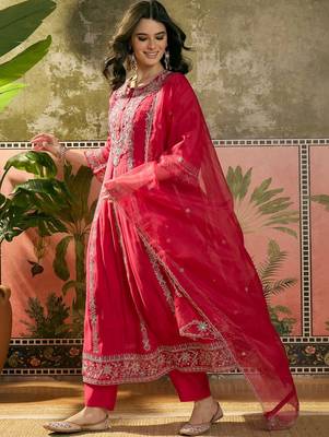 red zari embroidered silk blend stitched straight trouser salwar suit set 2