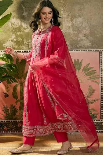 red zari embroidered silk blend stitched straight trouser salwar suit set