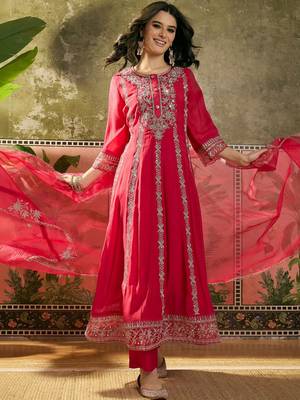 red zari embroidered silk blend stitched straight trouser salwar suit set 3