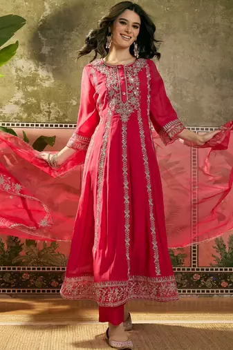red zari embroidered silk blend stitched straight trouser salwar suit set