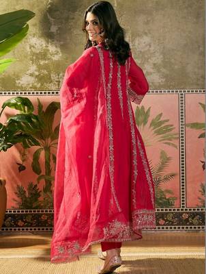red zari embroidered silk blend stitched straight trouser salwar suit set 4