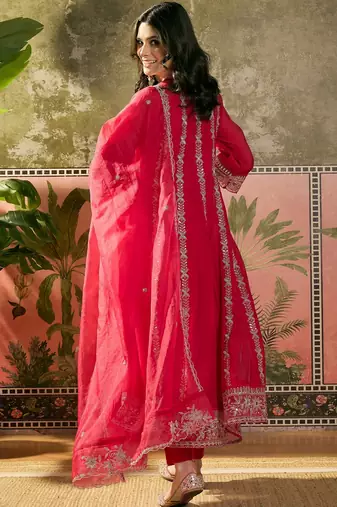 red zari embroidered silk blend stitched straight trouser salwar suit set