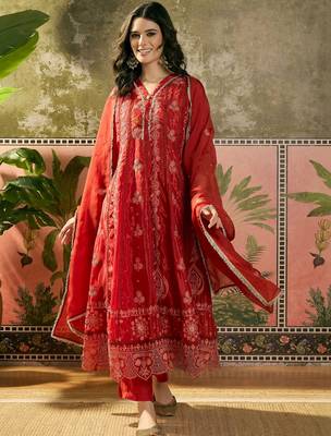 red thread embroidered silk blend stitched anarkali trouser salwar suit set 1