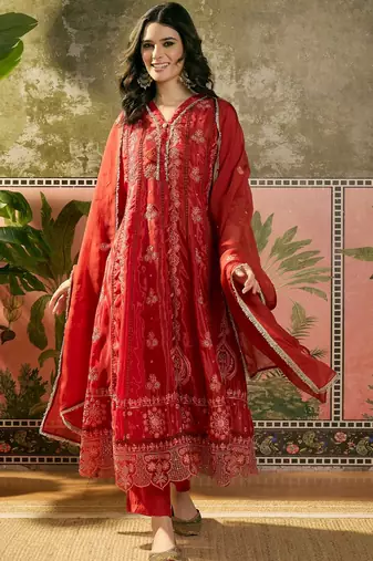 red thread embroidered silk blend stitched anarkali trouser salwar suit set
