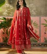 red thread embroidered silk blend stitched anarkali trouser salwar suit set