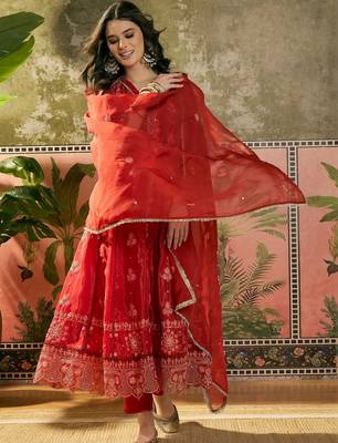 red thread embroidered silk blend stitched anarkali trouser salwar suit set 2