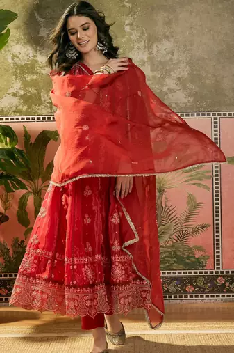 red thread embroidered silk blend stitched anarkali trouser salwar suit set