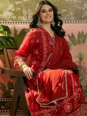 red thread embroidered silk blend stitched anarkali trouser salwar suit set 3