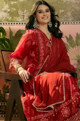 red thread embroidered silk blend stitched anarkali trouser salwar suit set
