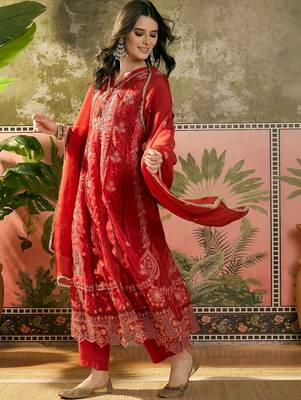 red thread embroidered silk blend stitched anarkali trouser salwar suit set 4