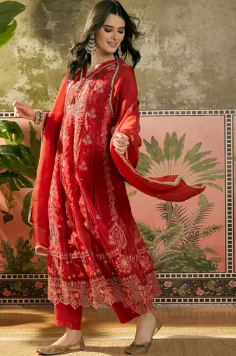 red thread embroidered silk blend stitched anarkali trouser salwar suit set