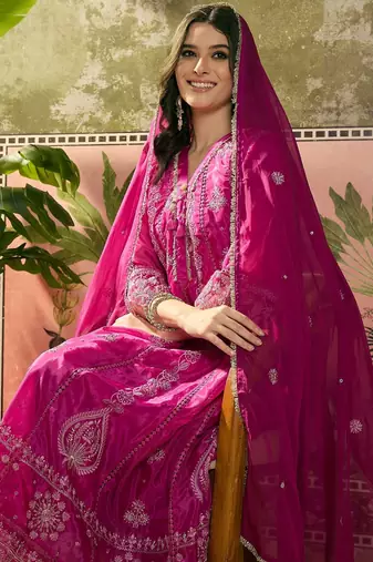 pink thread embroidered silk blend stitched anarkali trouser salwar suit set