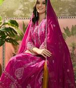 pink thread embroidered silk blend stitched anarkali trouser salwar suit set