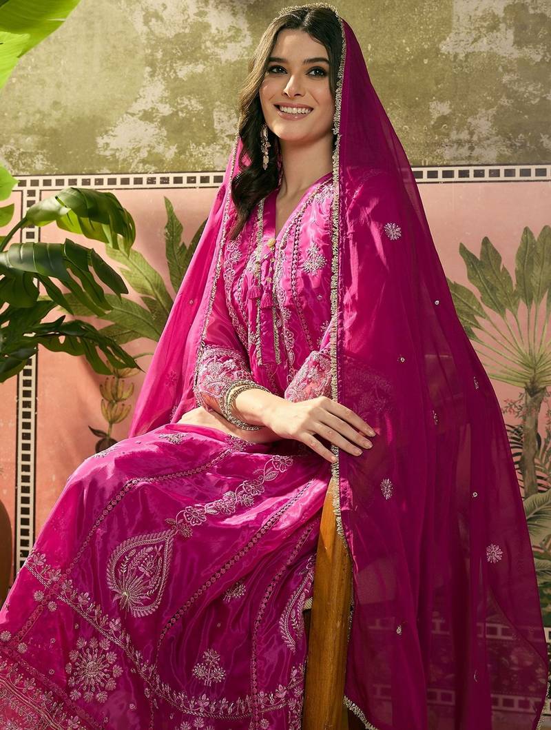 pink thread embroidered silk blend stitched anarkali trouser salwar suit set