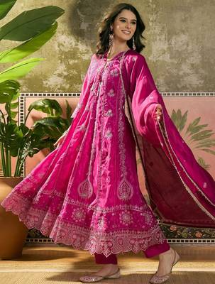 pink thread embroidered silk blend stitched anarkali trouser salwar suit set 2