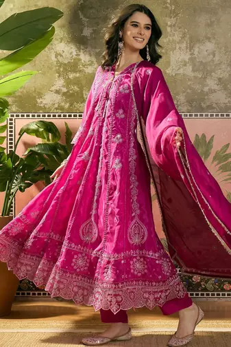 pink thread embroidered silk blend stitched anarkali trouser salwar suit set