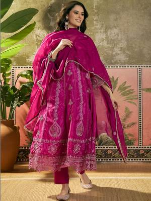 pink thread embroidered silk blend stitched anarkali trouser salwar suit set 3