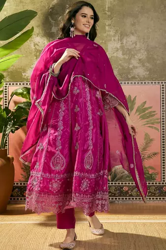 pink thread embroidered silk blend stitched anarkali trouser salwar suit set