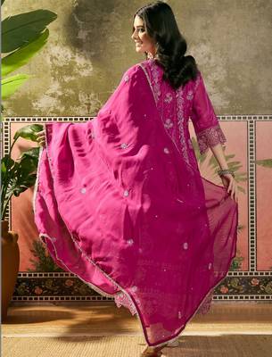 pink thread embroidered silk blend stitched anarkali trouser salwar suit set 4