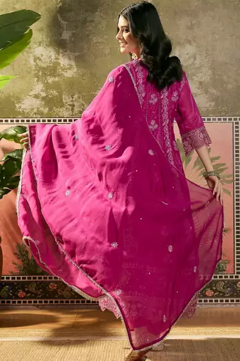 pink thread embroidered silk blend stitched anarkali trouser salwar suit set