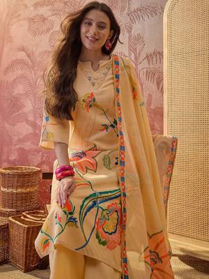 beige floral printed   cotton stitched straight trouser salwar suit set 2