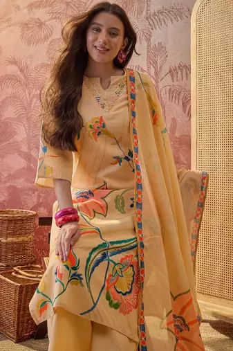 beige floral printed   cotton stitched straight trouser salwar suit set