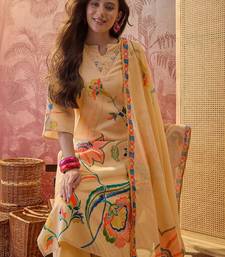 beige floral printed   cotton stitched straight trouser salwar suit set