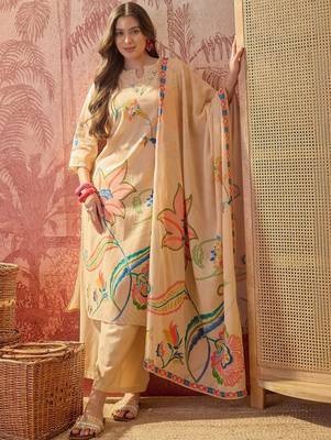 beige floral printed   cotton stitched straight trouser salwar suit set 3