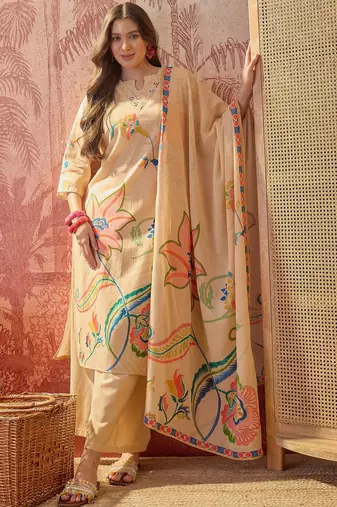beige floral printed   cotton stitched straight trouser salwar suit set