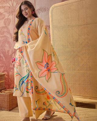 beige floral printed   cotton stitched straight trouser salwar suit set 1