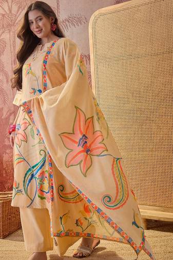 beige floral printed   cotton stitched straight trouser salwar suit set