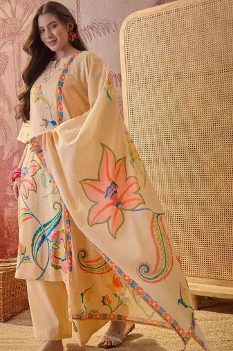 beige floral printed   cotton stitched straight trouser salwar suit set