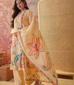 beige floral printed   cotton stitched straight trouser salwar suit set