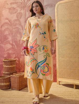 beige floral printed   cotton stitched straight trouser salwar suit set 4