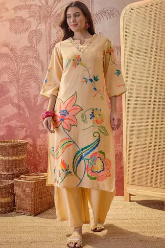 beige floral printed   cotton stitched straight trouser salwar suit set