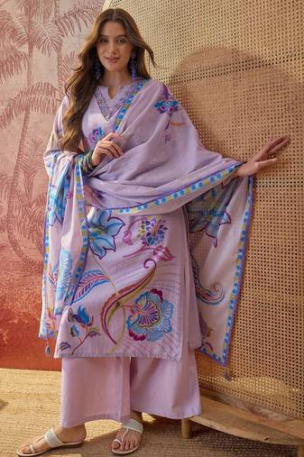 lavender floral printed   cotton stitched straight trouser salwar suit set
