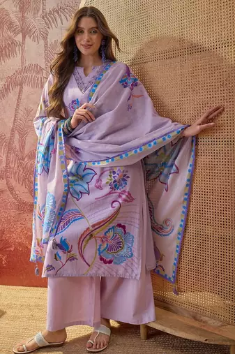 lavender floral printed   cotton stitched straight trouser salwar suit set