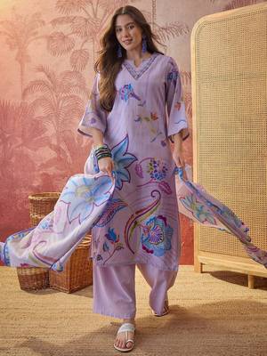 lavender floral printed   cotton stitched straight trouser salwar suit set 2