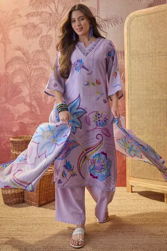 lavender floral printed   cotton stitched straight trouser salwar suit set