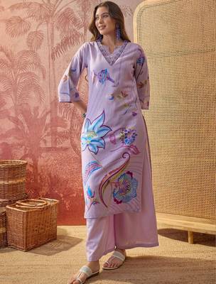 lavender floral printed   cotton stitched straight trouser salwar suit set 3